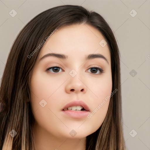 Neutral white young-adult female with long  brown hair and brown eyes