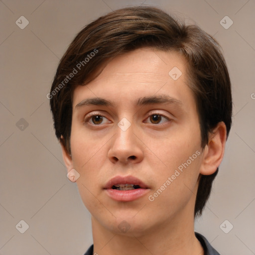 Neutral white young-adult male with short  brown hair and brown eyes