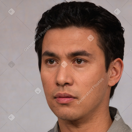Neutral white young-adult male with short  black hair and brown eyes