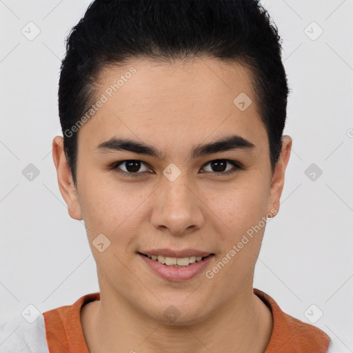 Joyful latino young-adult male with short  brown hair and brown eyes