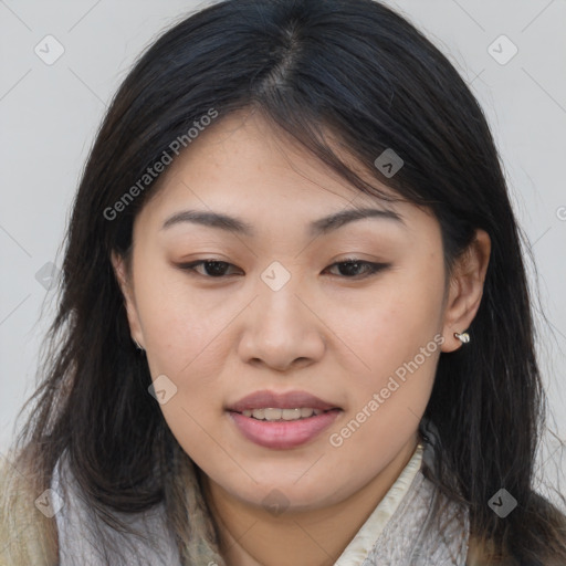 Joyful asian young-adult female with long  brown hair and brown eyes