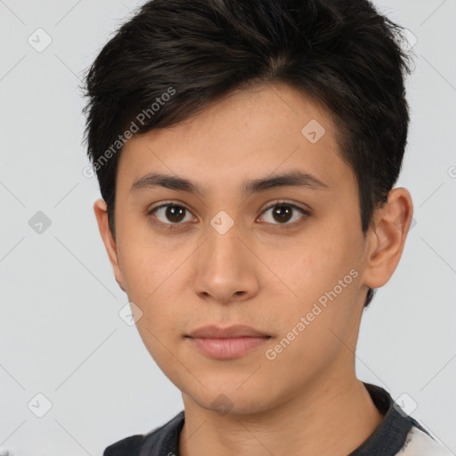 Neutral latino young-adult male with short  brown hair and brown eyes