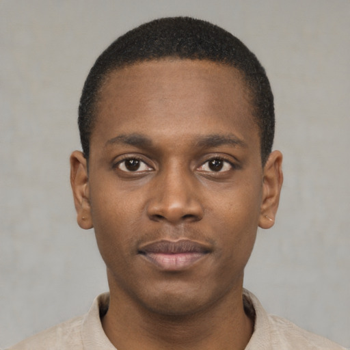 Neutral black young-adult male with short  brown hair and brown eyes
