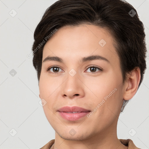 Joyful white young-adult female with short  brown hair and brown eyes