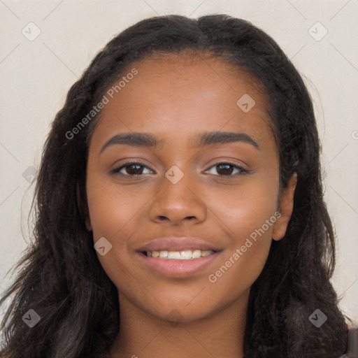 Joyful latino young-adult female with long  black hair and brown eyes