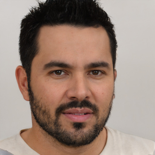 Neutral white young-adult male with short  black hair and brown eyes