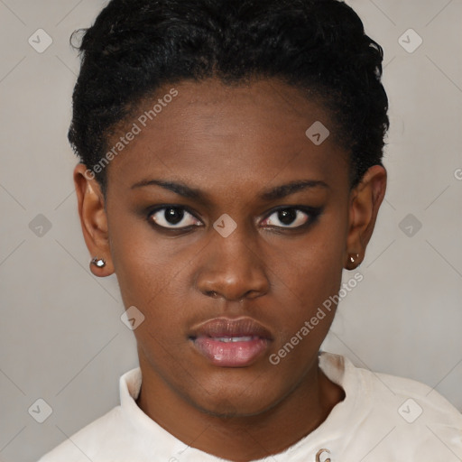 Neutral black young-adult female with short  brown hair and brown eyes