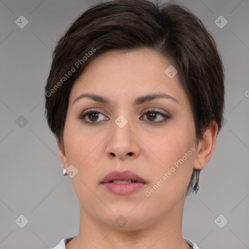 Neutral white young-adult female with short  brown hair and brown eyes