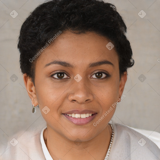 Joyful black young-adult female with short  brown hair and brown eyes