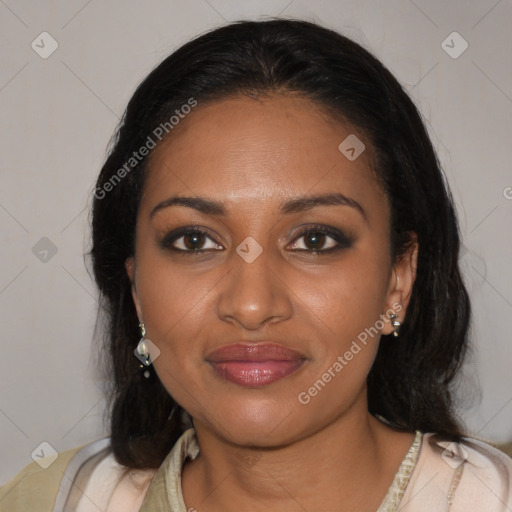 Joyful black young-adult female with medium  black hair and brown eyes