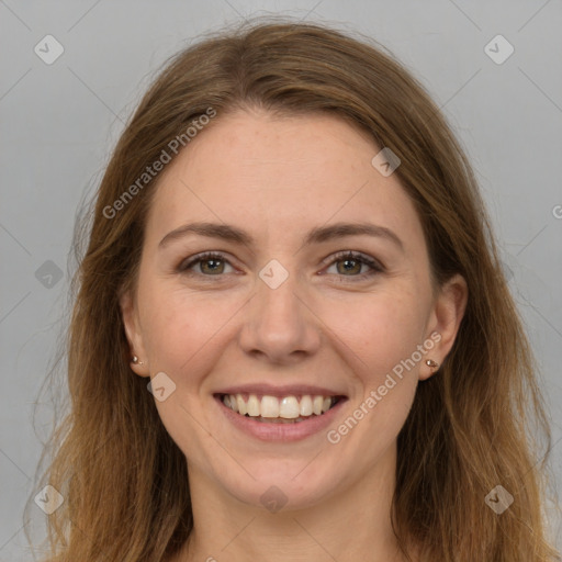 Joyful white young-adult female with long  brown hair and grey eyes