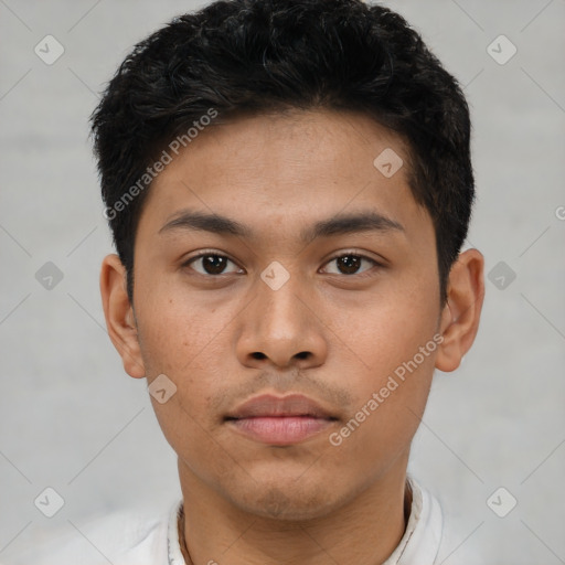 Neutral asian young-adult male with short  brown hair and brown eyes