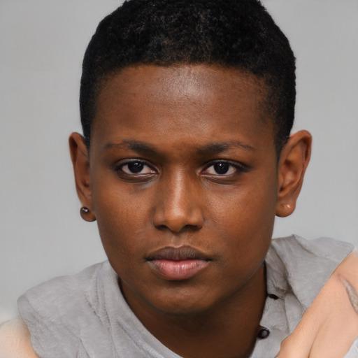 Neutral black young-adult female with short  brown hair and brown eyes