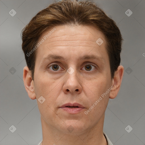 Neutral white adult male with short  brown hair and brown eyes