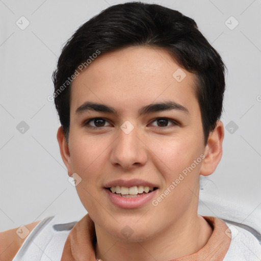 Joyful asian young-adult male with short  brown hair and brown eyes