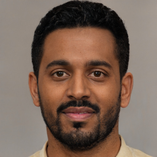 Neutral black young-adult male with short  black hair and brown eyes