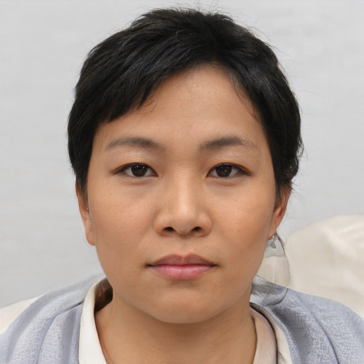 Neutral asian young-adult female with short  brown hair and brown eyes