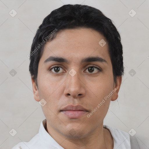 Neutral asian young-adult male with short  black hair and brown eyes