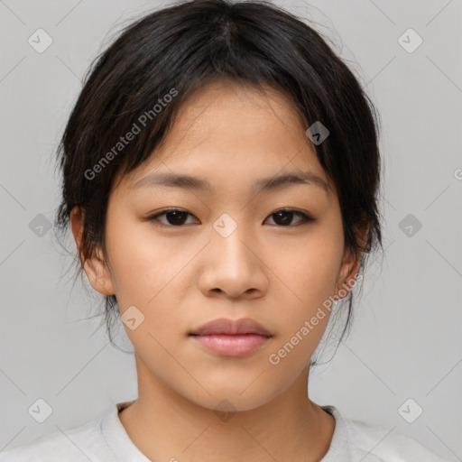 Neutral asian young-adult female with medium  brown hair and brown eyes