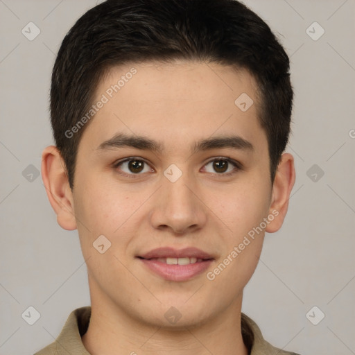 Joyful white young-adult male with short  brown hair and brown eyes