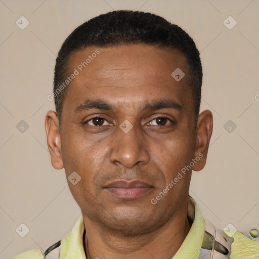 Joyful black adult male with short  black hair and brown eyes