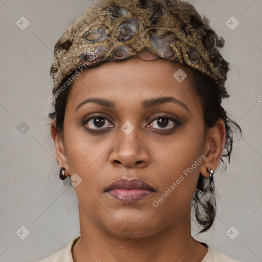 Neutral black young-adult female with medium  brown hair and brown eyes