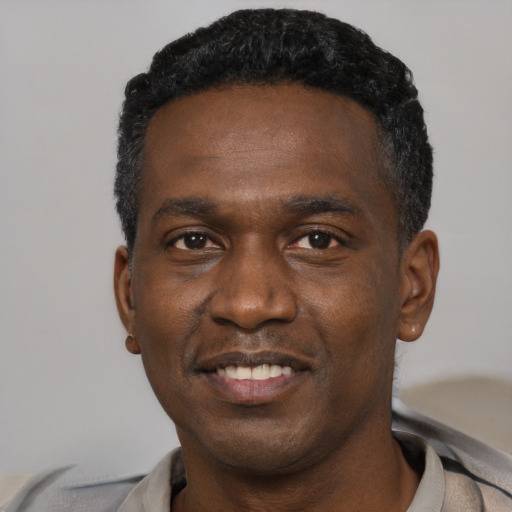 Joyful black young-adult male with short  black hair and brown eyes