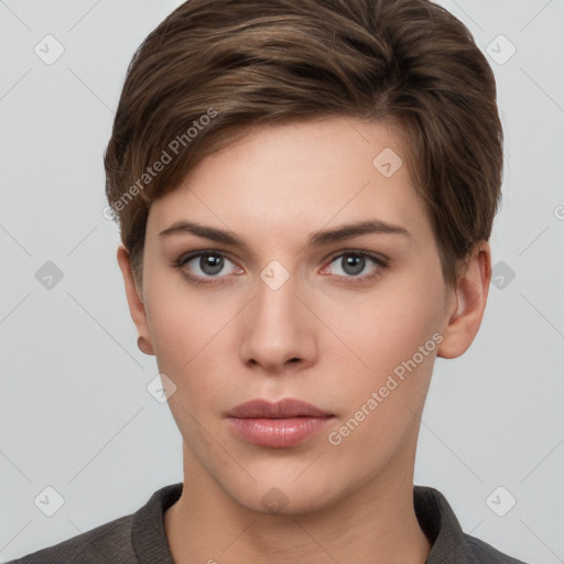 Neutral white young-adult female with short  brown hair and brown eyes