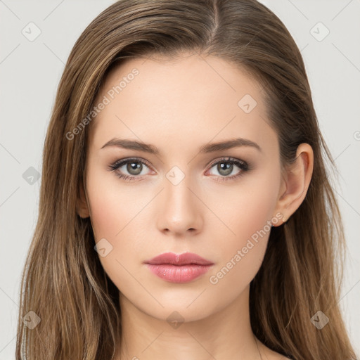 Neutral white young-adult female with long  brown hair and brown eyes