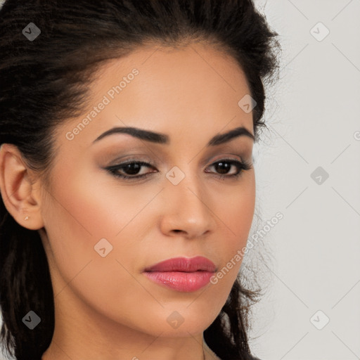 Joyful latino young-adult female with long  brown hair and brown eyes