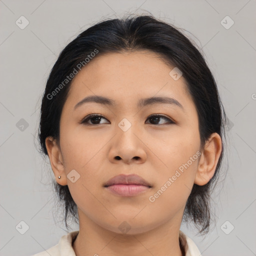 Neutral asian young-adult female with medium  brown hair and brown eyes