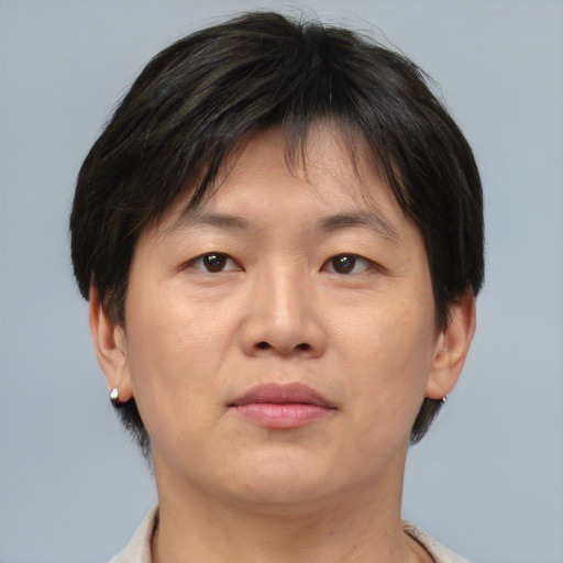 Neutral asian adult male with short  brown hair and brown eyes