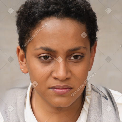 Joyful black young-adult female with short  brown hair and brown eyes