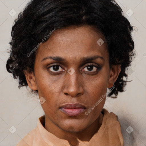 Neutral black young-adult female with short  black hair and brown eyes