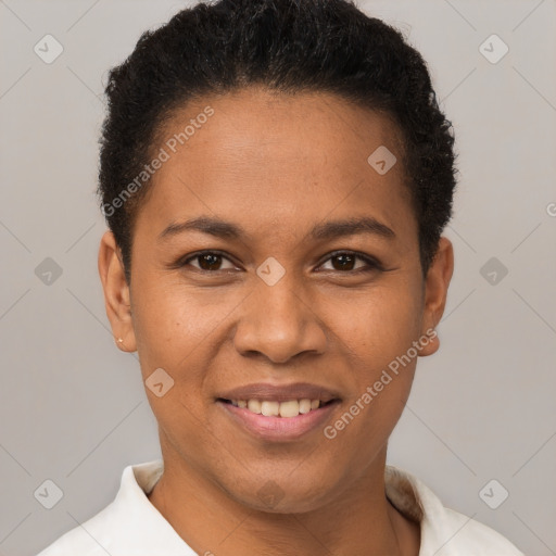 Joyful latino young-adult female with short  brown hair and brown eyes