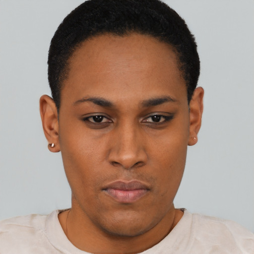 Neutral latino young-adult female with short  black hair and brown eyes