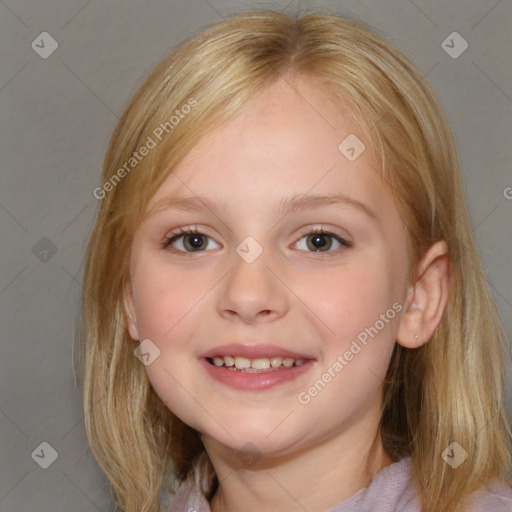 Joyful white child female with medium  brown hair and blue eyes