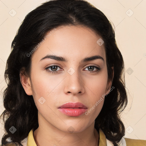 Neutral white young-adult female with medium  brown hair and brown eyes