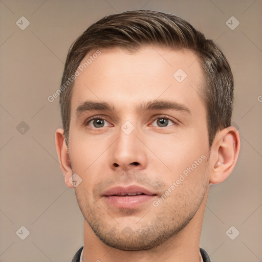 Neutral white young-adult male with short  brown hair and brown eyes