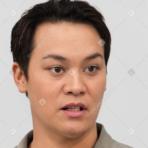 Neutral white young-adult female with short  brown hair and brown eyes