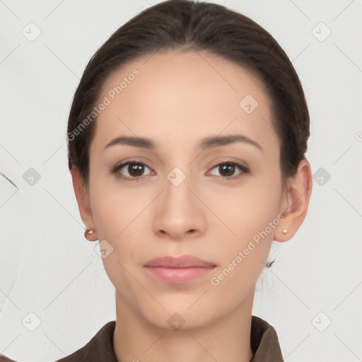 Neutral white young-adult female with short  brown hair and brown eyes