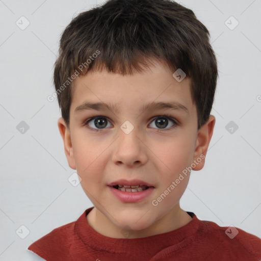 Joyful white child male with short  brown hair and brown eyes