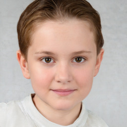 Joyful white child female with short  brown hair and brown eyes