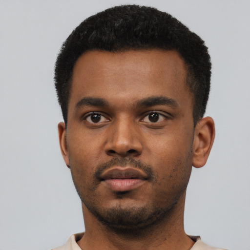 Neutral black young-adult male with short  black hair and brown eyes