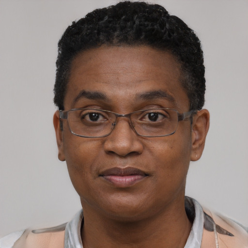 Joyful black adult male with short  black hair and brown eyes
