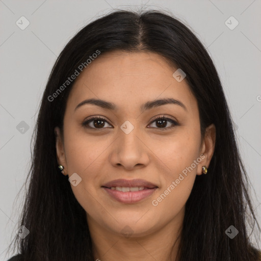 Joyful latino young-adult female with long  brown hair and brown eyes