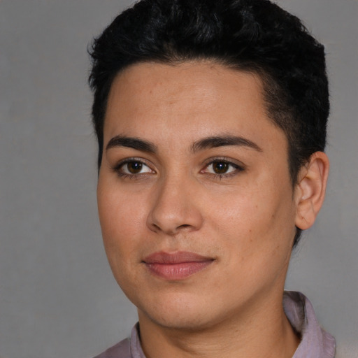 Joyful white young-adult female with short  black hair and brown eyes