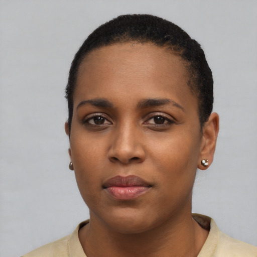 Neutral black young-adult female with short  black hair and brown eyes