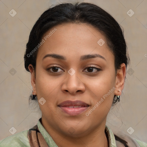 Joyful latino young-adult female with medium  brown hair and brown eyes