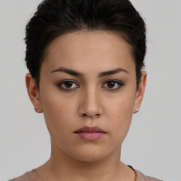 Neutral white young-adult female with short  brown hair and brown eyes